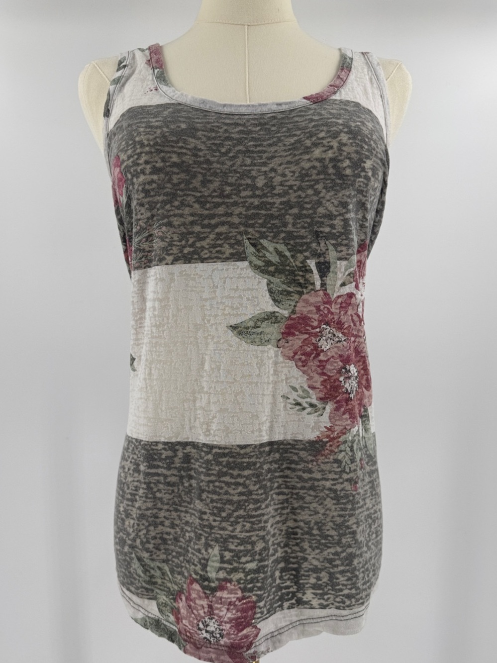 Sleeveless Floral Stripe Tank Top - Pink/Gray